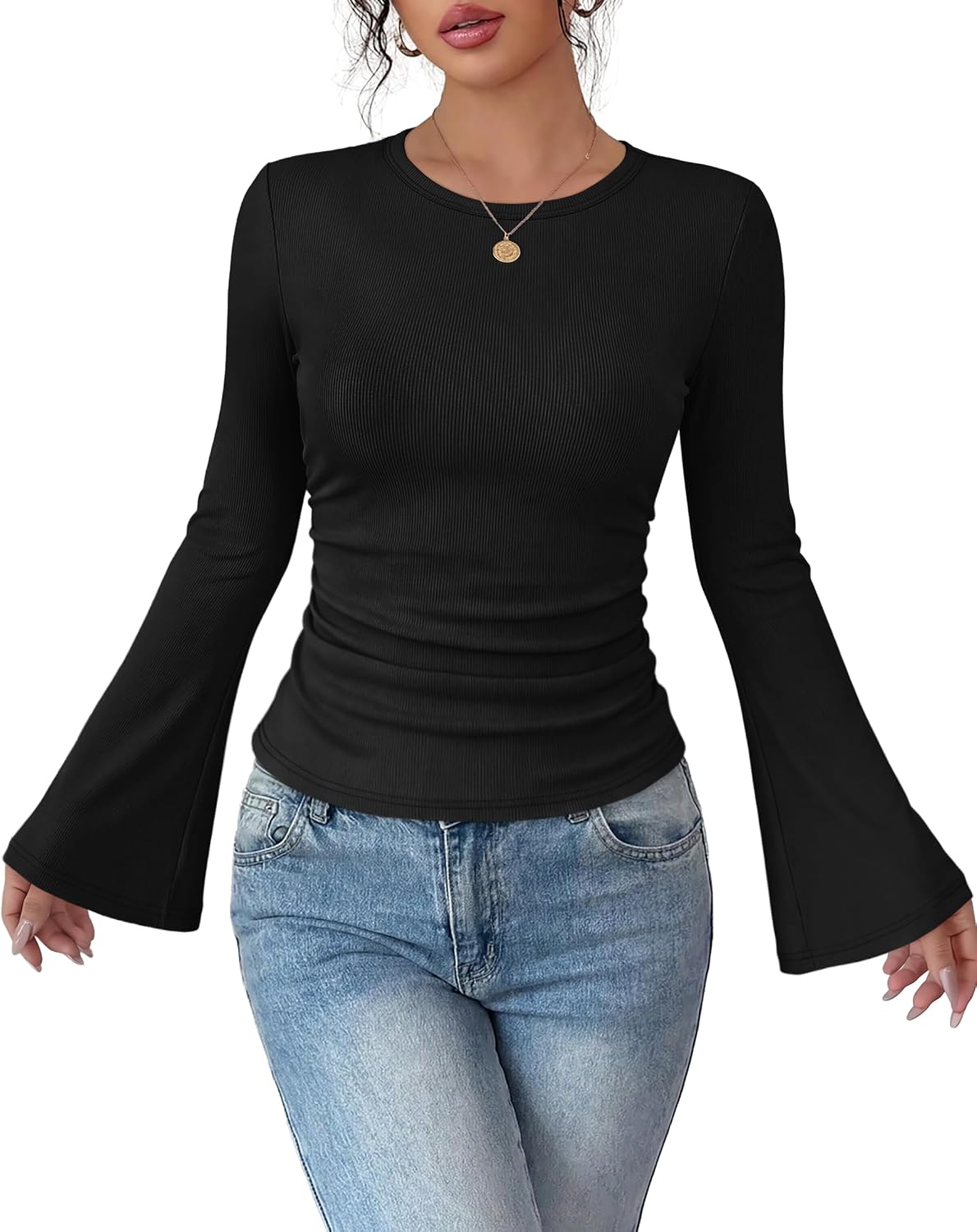 Sampeel Sampeel Womens Bell Long Sleeve Shirts Ruched Tops Trendy 2026 Y2k Outfits