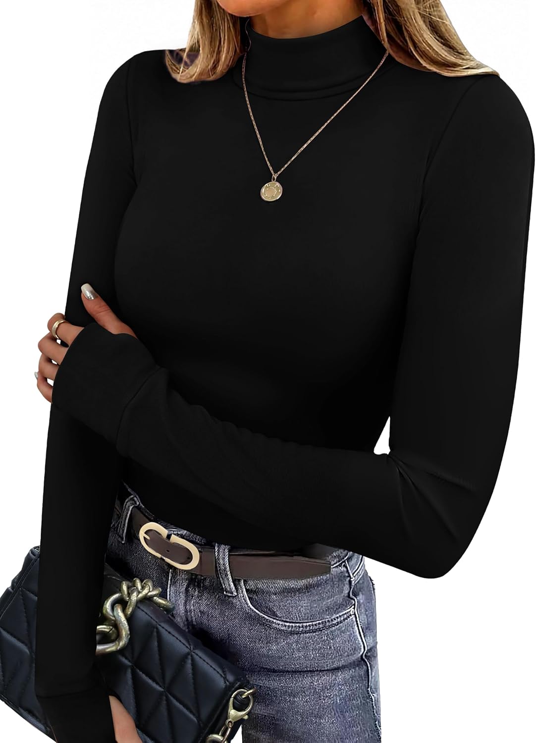 Sampeel Sampeel Womens Turtleneck Tops Slim Fit Long Sleeve Shirts with Thumb Holes