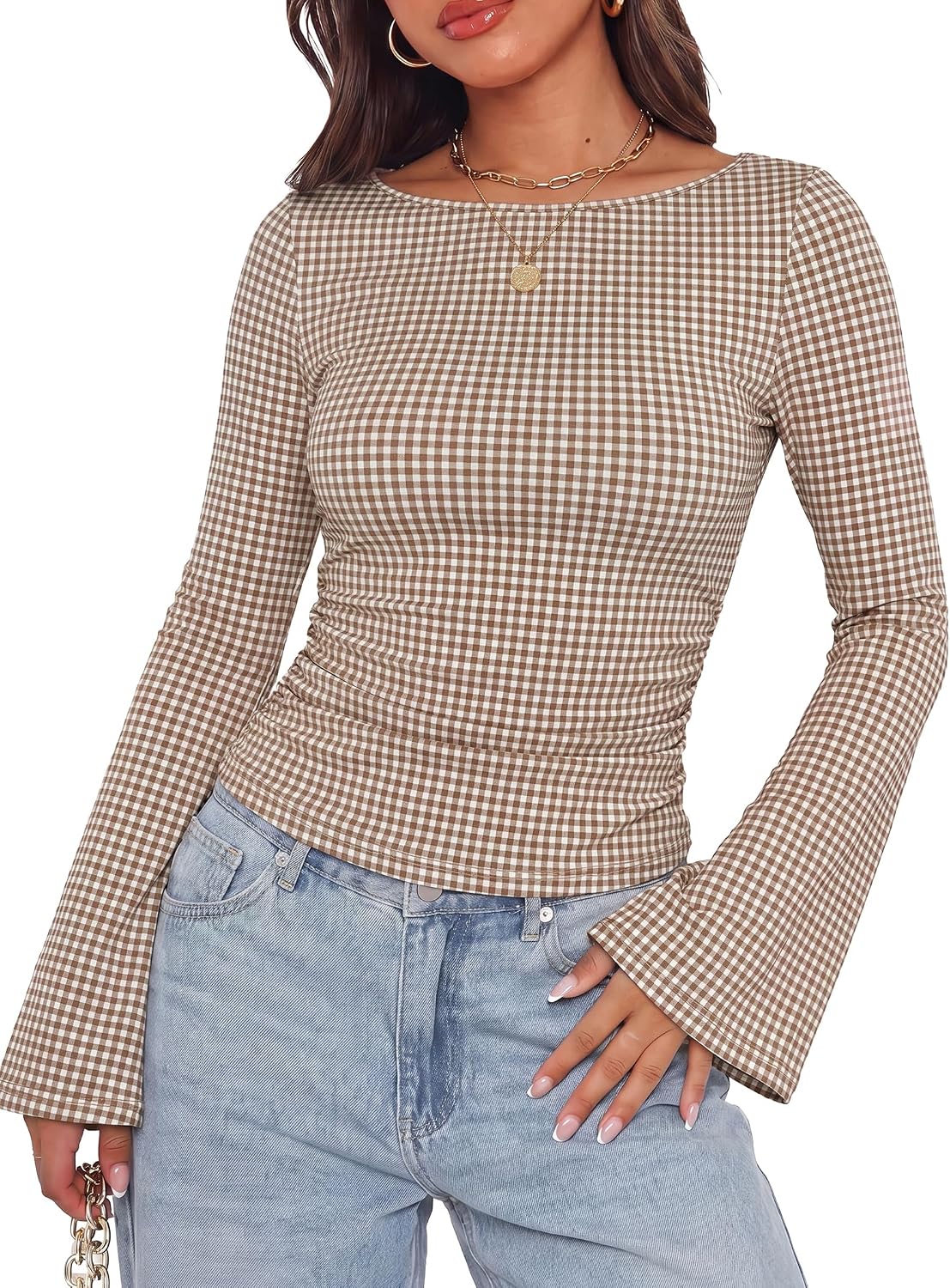WIHOLL WIHOLL Bell Sleeve Tops for Women Boat Neck Ruched Ribbed Long Sleeve Fall Shirts for Women 2026