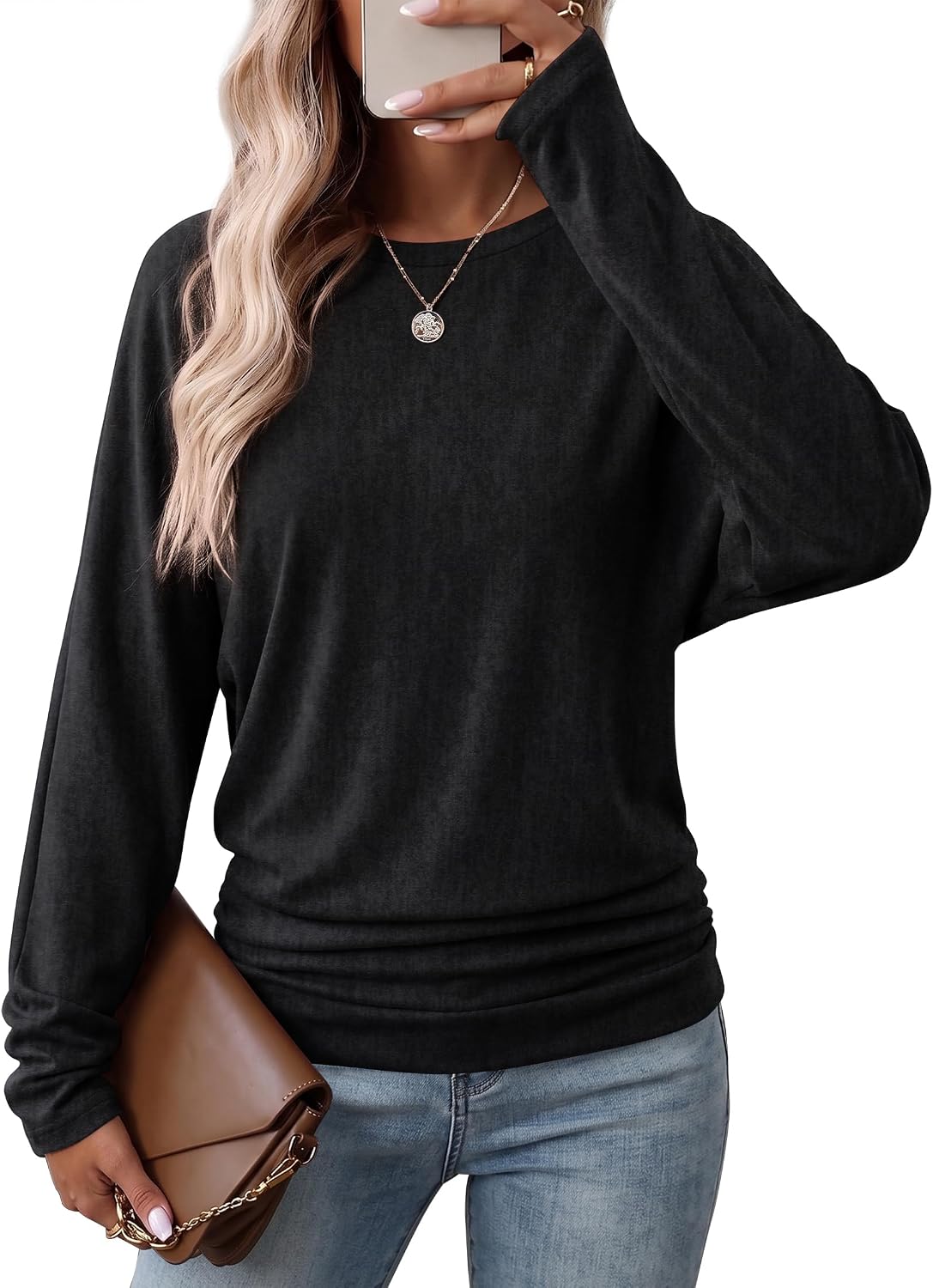 WIHOLL WIHOLL Womens Long Sleeve Shirts Ruched Hem Fall Tops Lightweight Sweaters