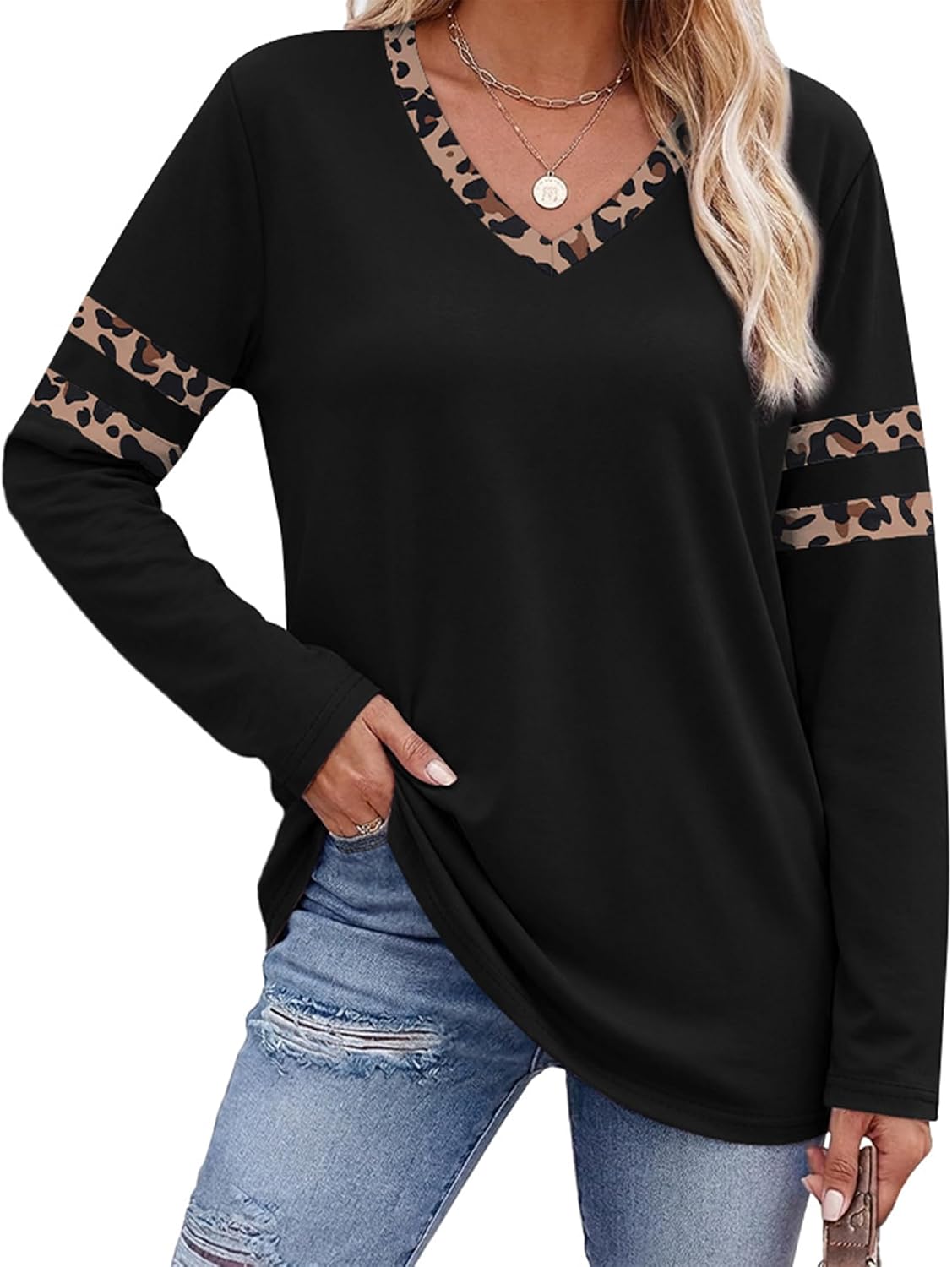 OFEEFAN OFEEFAN Womens Tops Long Sleeve Shirts Fall Outfits V Neck Loose Fit Tunics