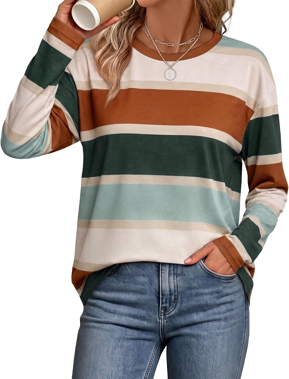 WIHOLL WIHOLL Long Sleeve Shirts for Women Stripe Tops Loose Oversized Fall Outfit