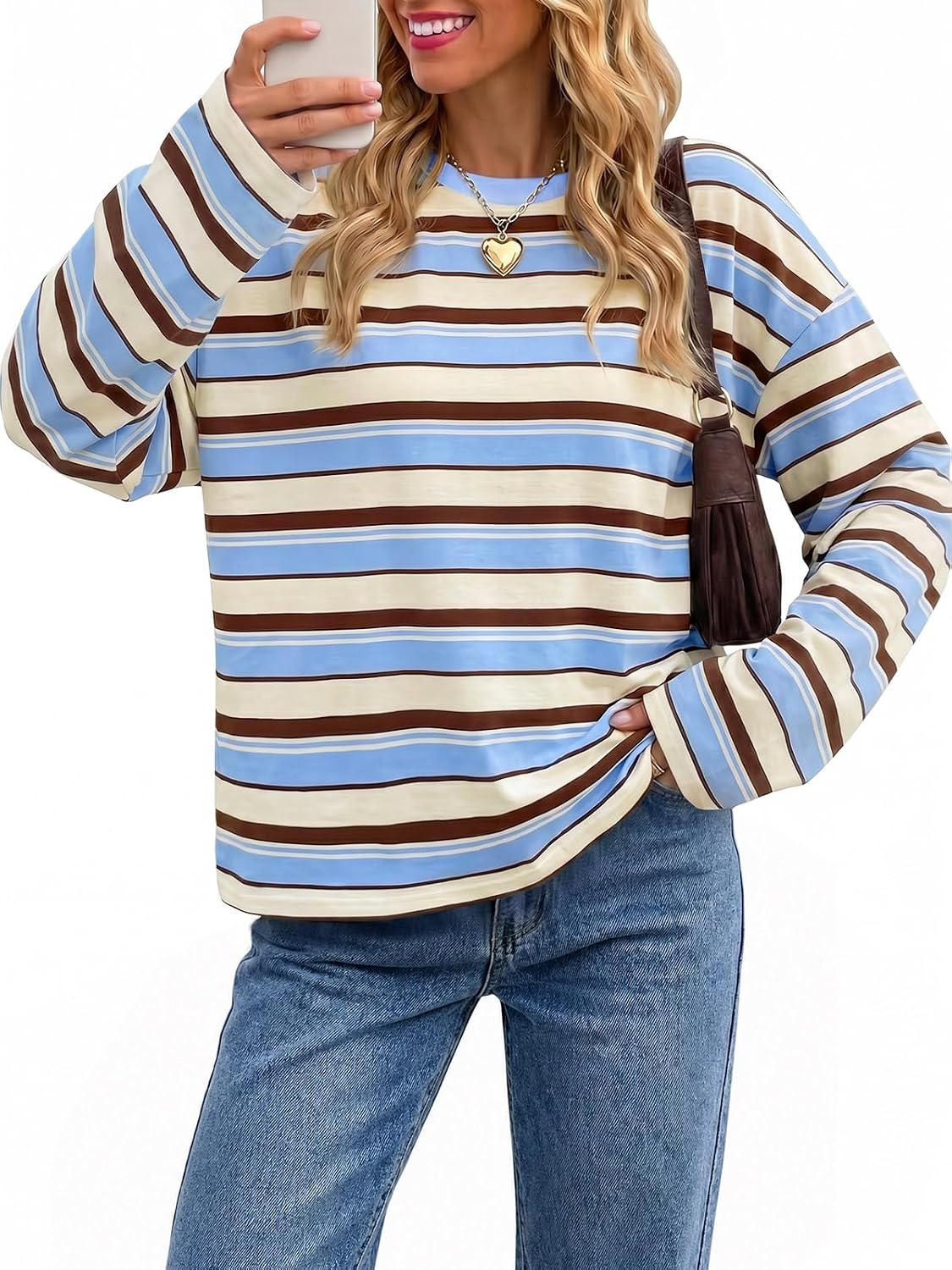 Tankaneo Tankaneo Womens Oversized Striped Long Sleeve T-Shirts Crewneck Casual Tops