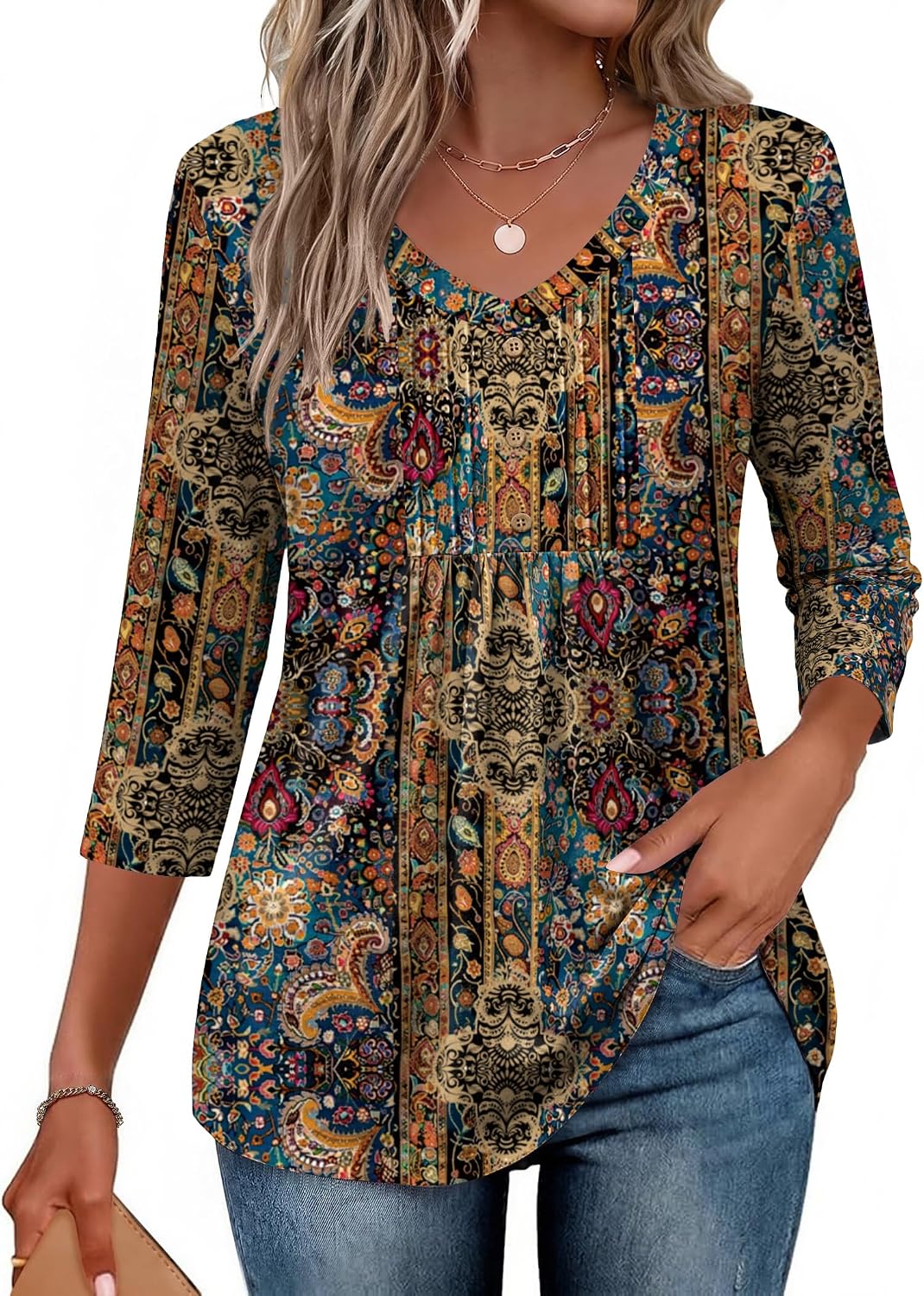 Ekouaer Ekouaer 3/4 Length Sleeve Womens Tops V Neck Blouses Casual Pleated Shirts
