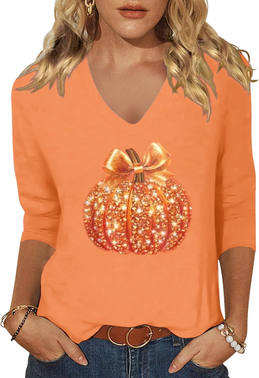 Scgirl Womens Fall Shirts Halloween V Neck 3/4 Length Sleeve Pumpkin T-Shirts Thanksgiving Graphic Tee Tops