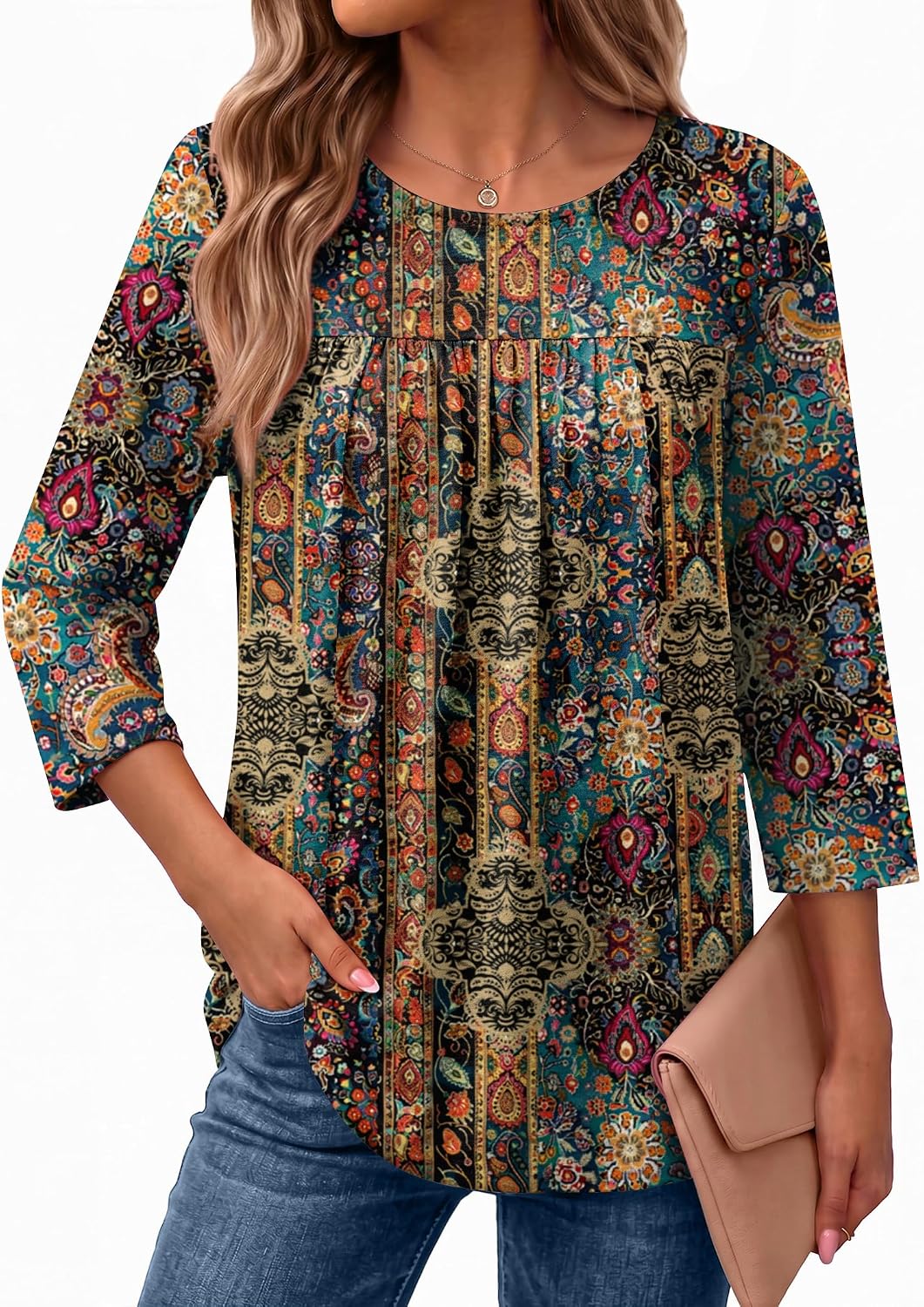 Ekouaer Ekouaer Womens 3/4 Length Sleeve Tops Boho Blouses Casual Pleated Shirts