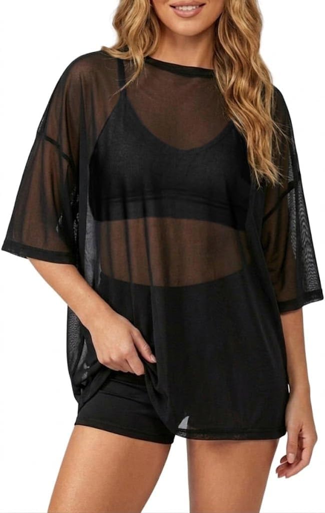 Jenisso Women's Sheer Mesh T-Shirt Oversized Short Sleeve See Through Cover Up Tops