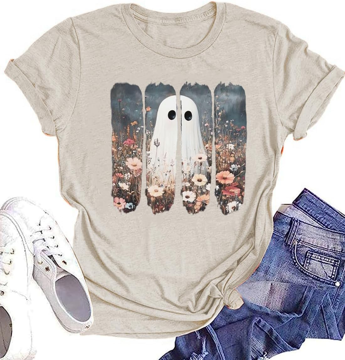 peugryu Women Cute Pumpkin Printing Ghost Graphic Fall Shirts Casual Halloween Trendy Tee Thanksgiving Tops