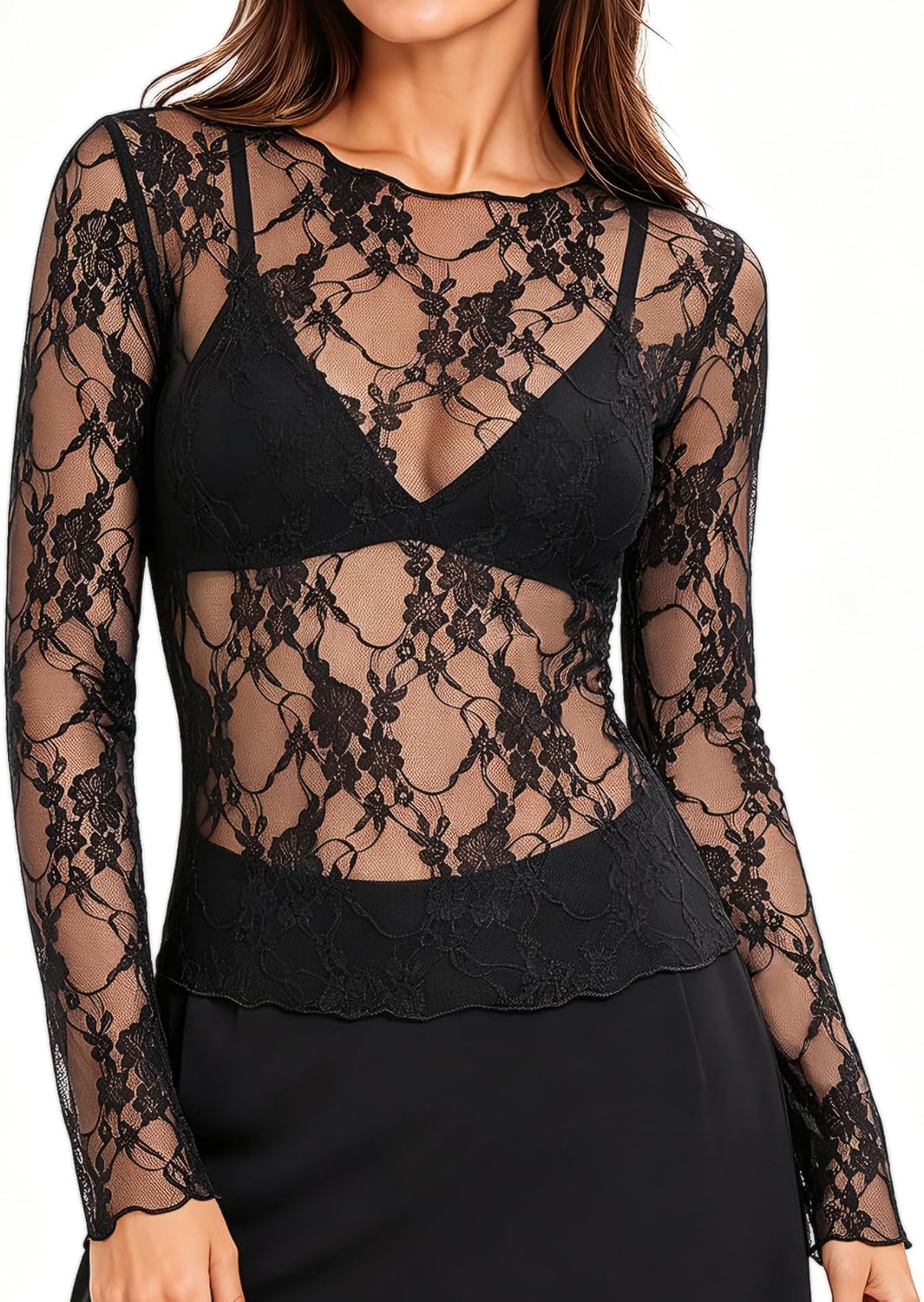 GYMNEEDY Lace Tops for Women Long Sleeve Crewneck See Through Mesh Shirts