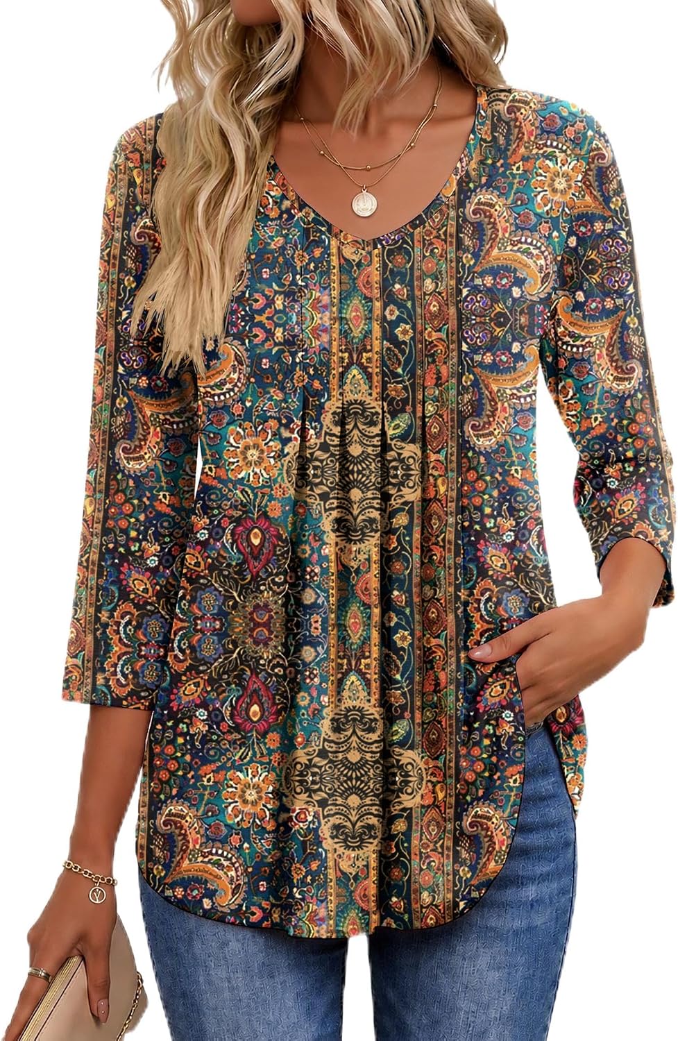 Ekouaer Ekouaer 3/4 Length Sleeve Womens Tops V Neck Blouses Pleated Casual Shirts